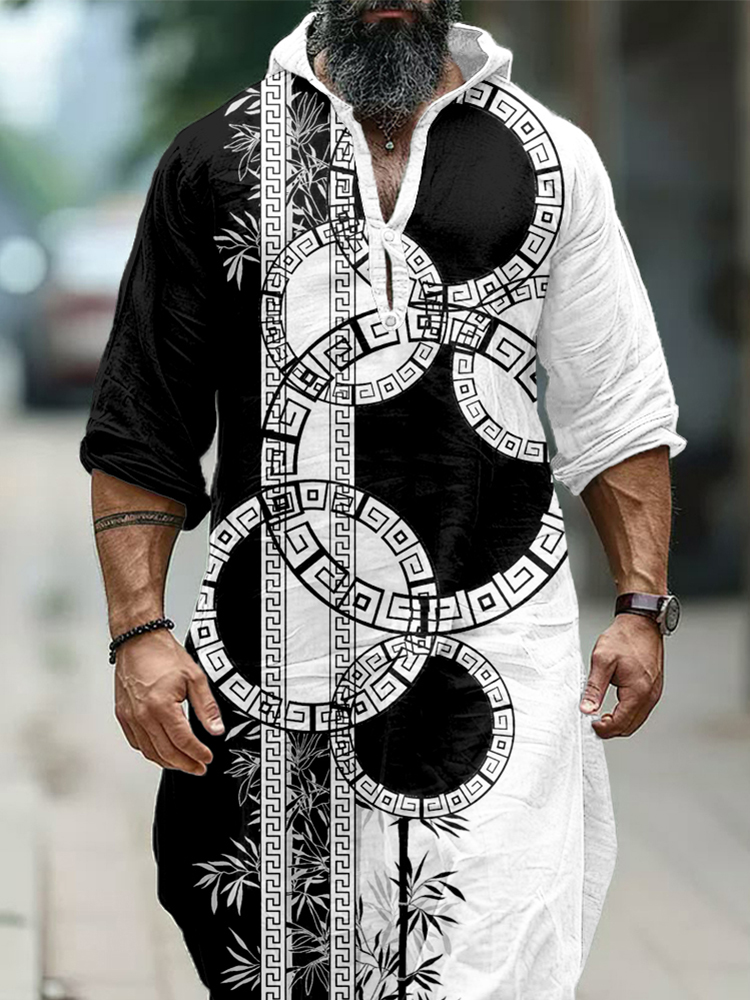 Men's Bamboo Art Pattern Contrast Color Hooded Linen Long Tunic