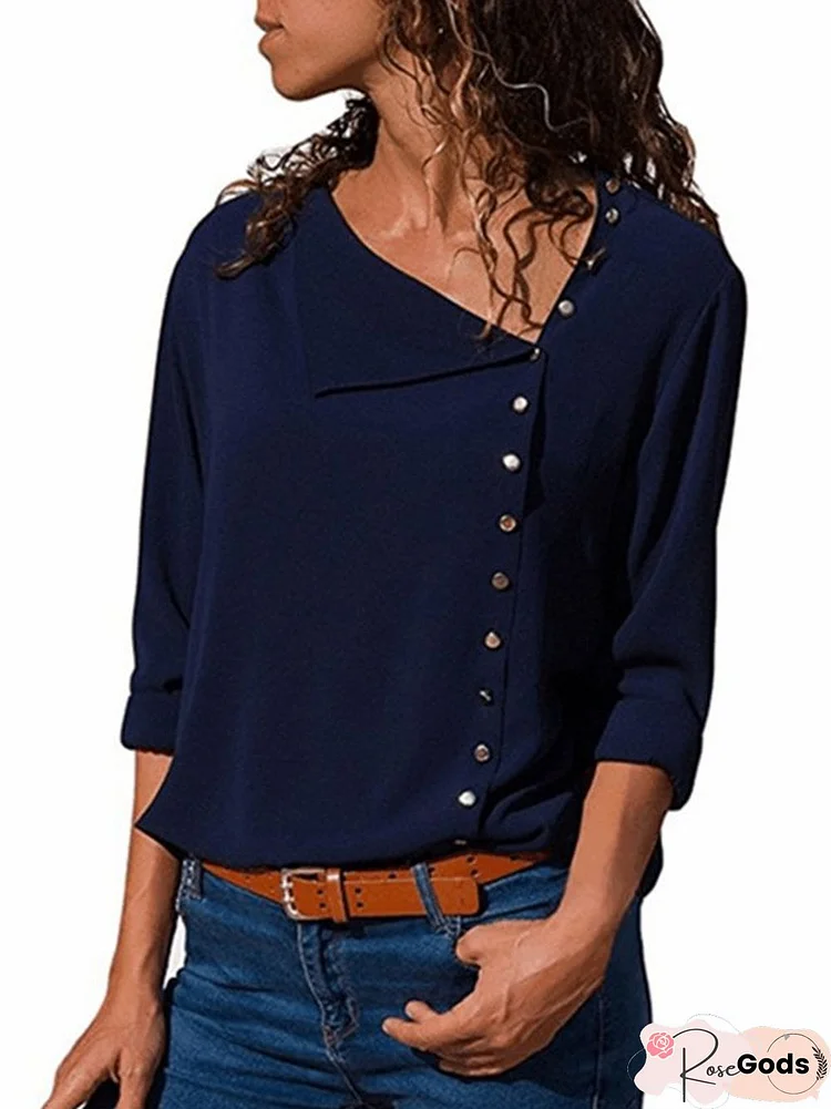 Shift Long Sleeve Casual Solid Buttoned Blouse