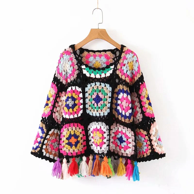 Pure handmade knitted sweater with tassels women autumn tops winter hollow out colorful o neck pullovers female mohair sweaters