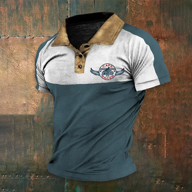 BrosWear Stand Collar Vintage Racing Car Print Polo T Shirt