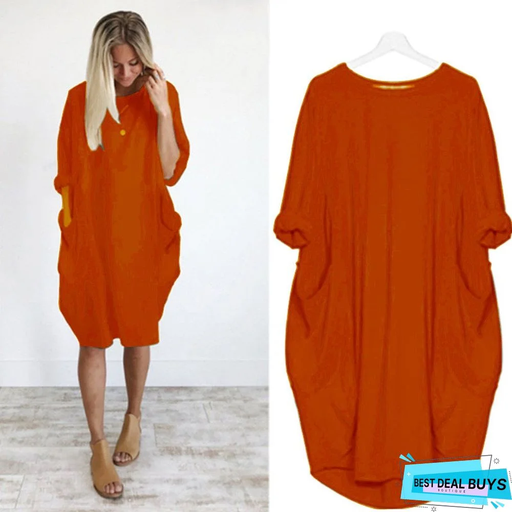 Women's Casual Loose Pocket Long-Sleeved Plus-Size Dress