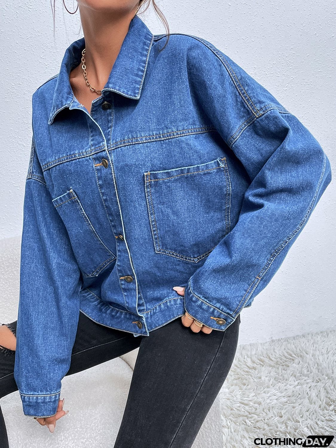 Collared Neck Dropped Shoulder Denim Jacket