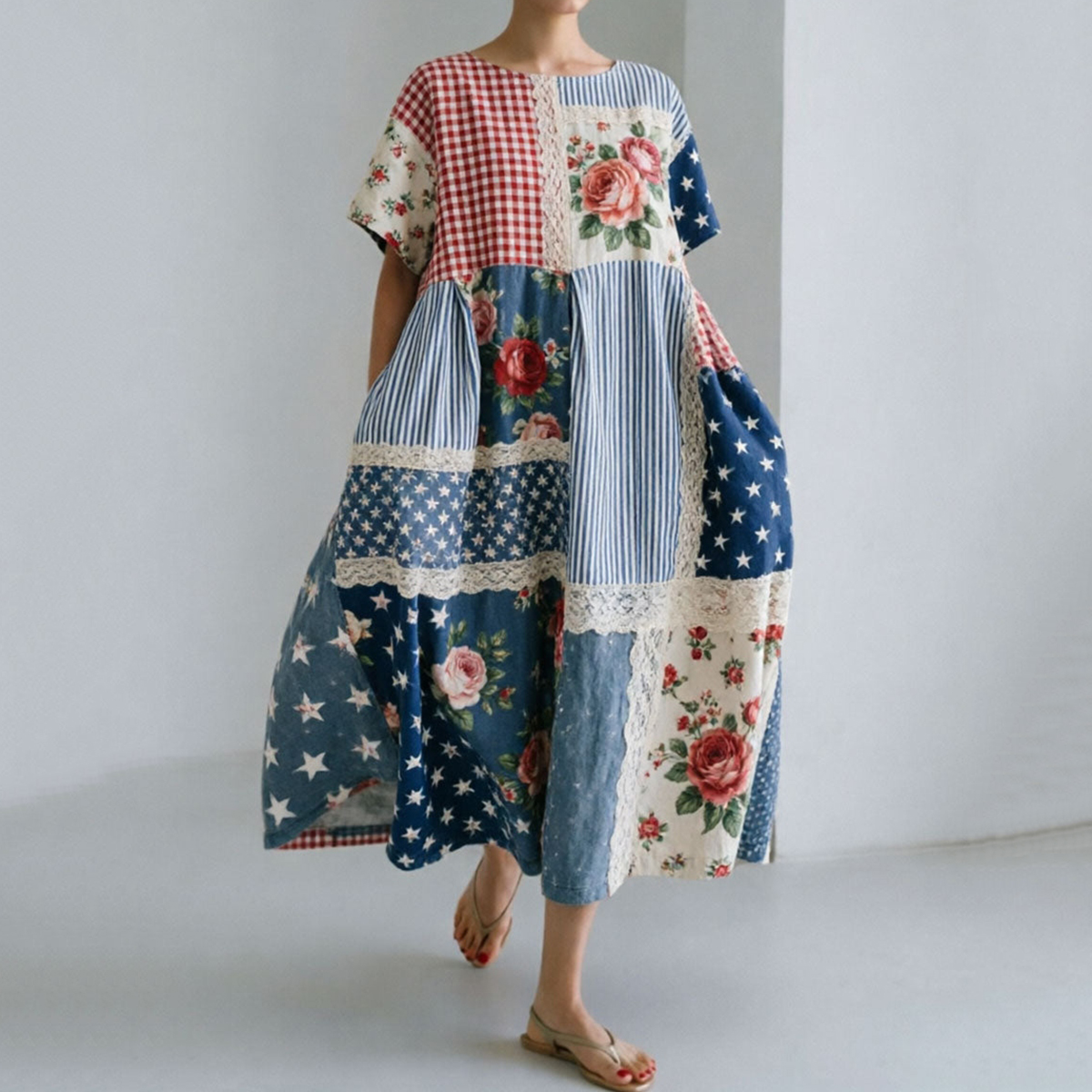 Comstylish Women's Patchwork Check Floral Print Casual Dress