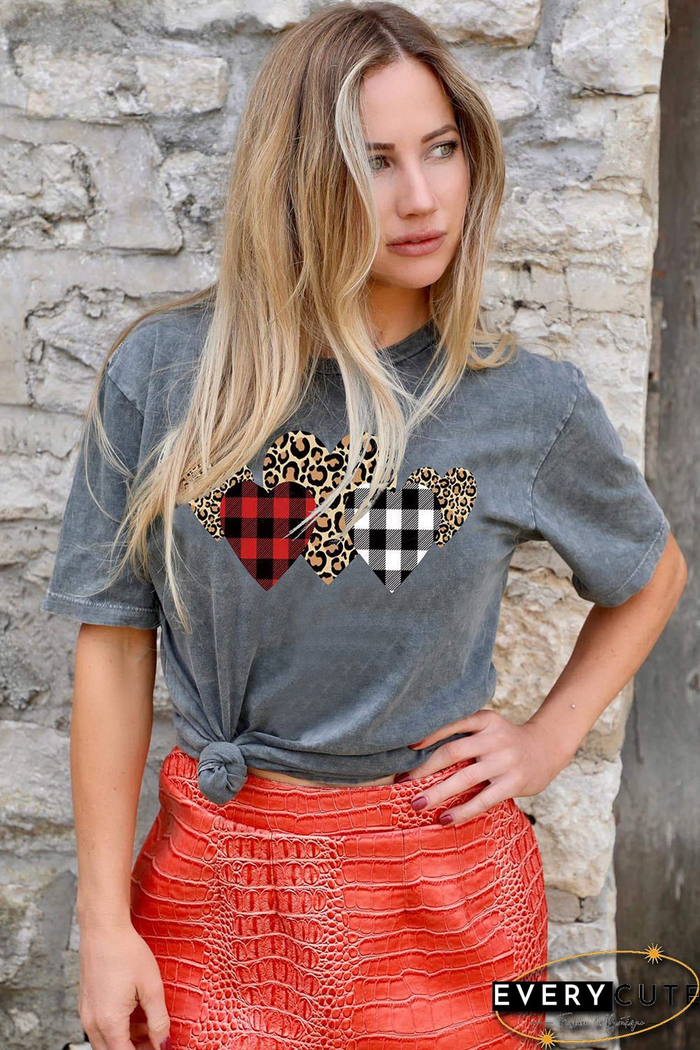 Leopard Plaid Heart Shape Print Gray Tee