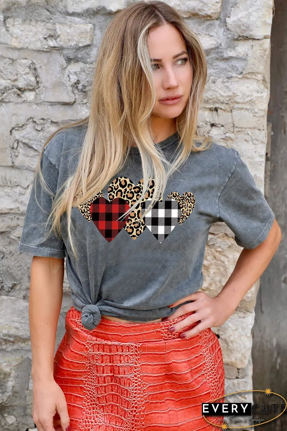 Leopard Plaid Heart Shape Print Gray Tee