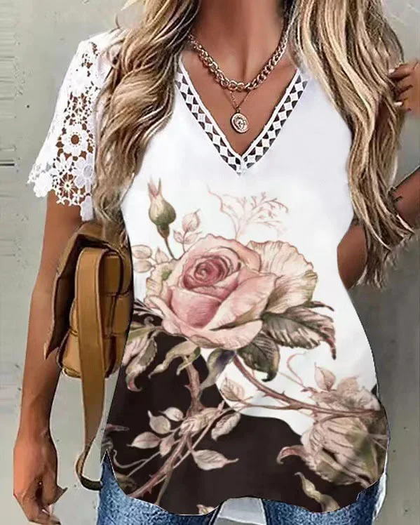 Lace Sleeve Lace Stitching Printed V-neck Casual Ladies T-shirt