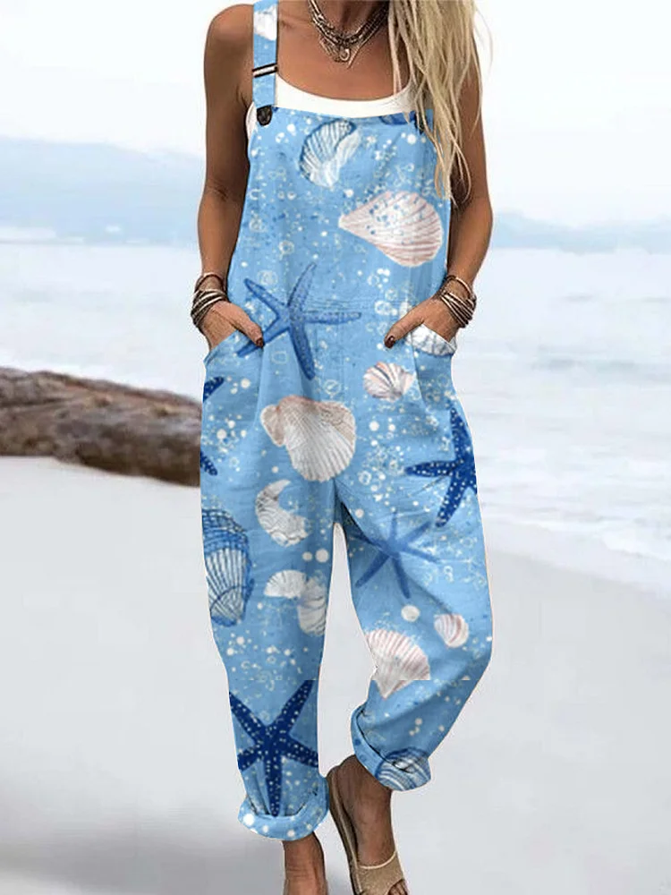 Wome'S Holiday Style Shell Starfish Pattern Print Casual Cotton Wide Leg Jumpsuit