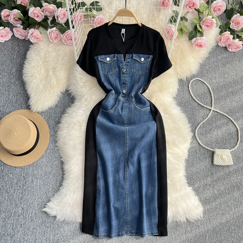 Zingj Zingj And Winter Korean Version Of The Socialite Temperament Short Sleeve Round Collar Waist Show Thin Jeans Splicing A-Word Dress Casual T-Shirt Skirt