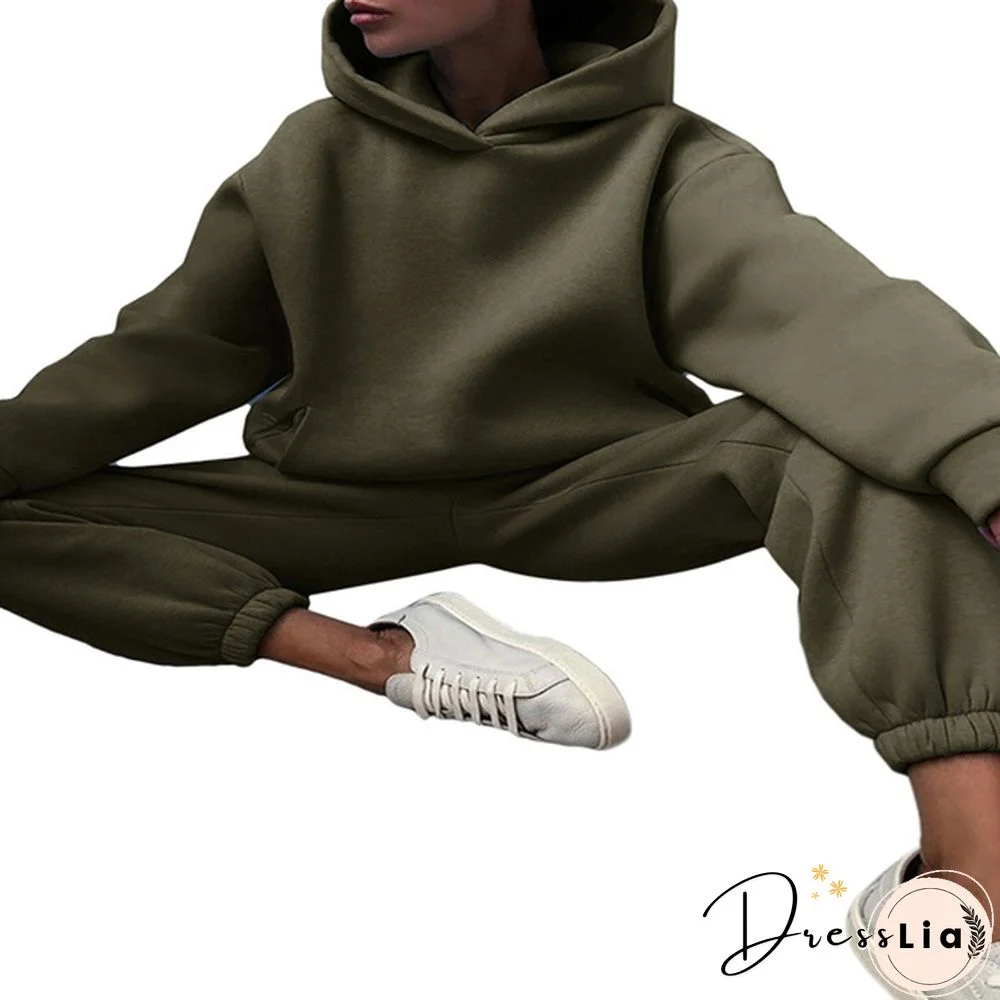 Women Hoodies Two Piece Set Long Sleeve Solid Casual Pocket Sweater Suit Spring Elastic Sport Pants Female Tracksuit