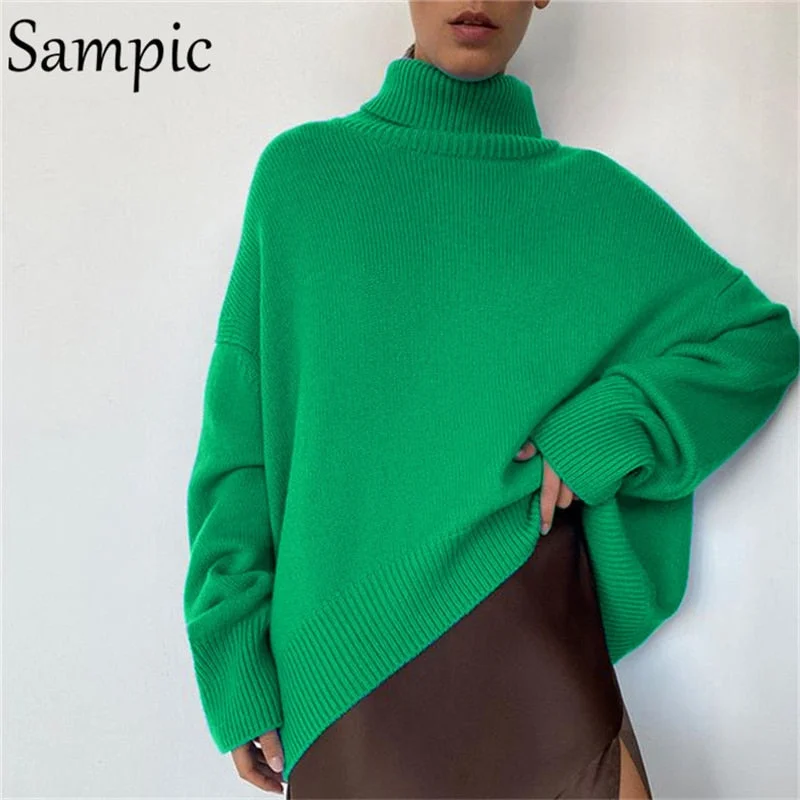 Sampic Green Women Y2K Knitted Tops 2021 Winter Long Sleeve Pullovers Knitwear Sweater Jumpers Casual Solid Turtleneck Sweater