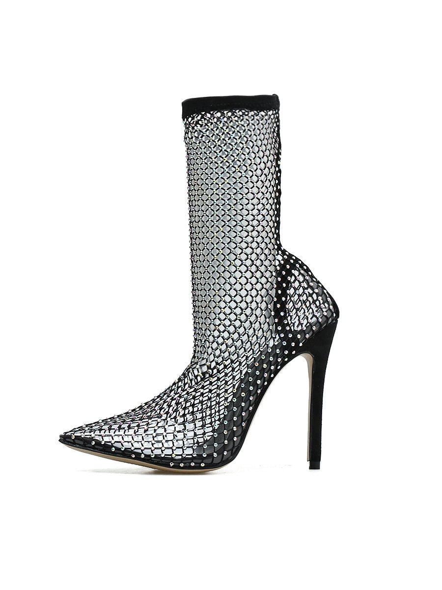 Pointed Toe Fishnet Rhinestones Hollow Out High Heels Boots