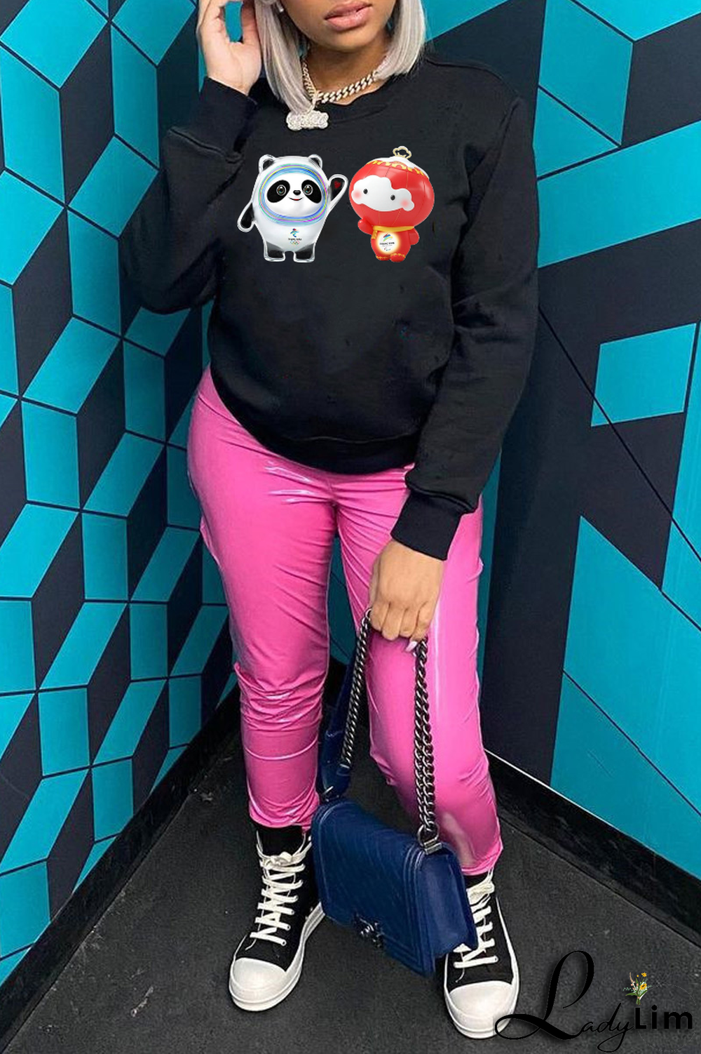 Blue Street Cute Character Print Patchwork O Neck Tops