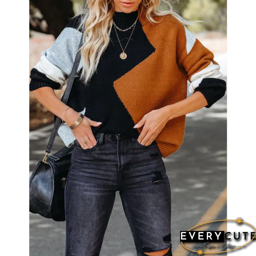 Orange Color Block Crew Neck Knit Pullover Sweater