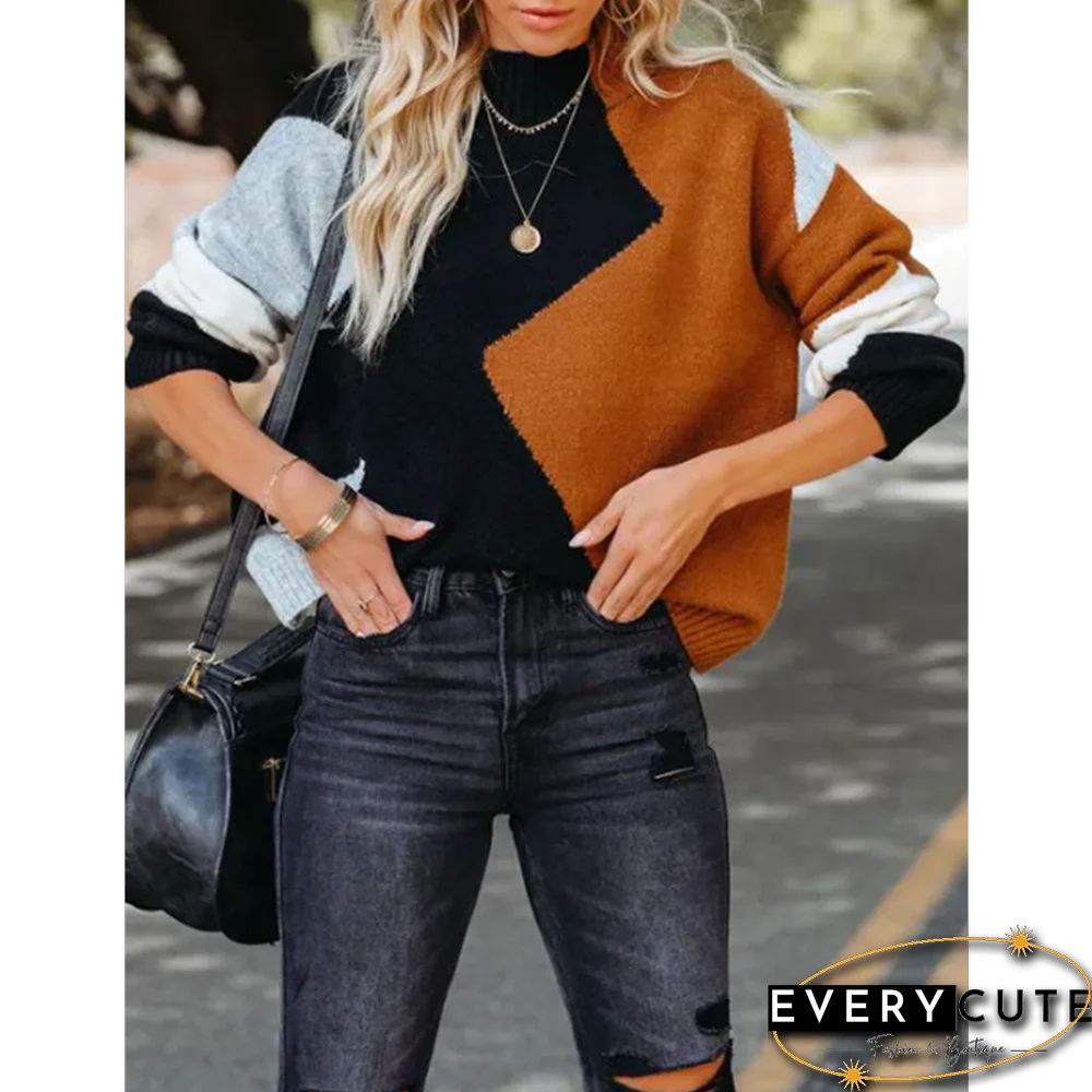 Orange Color Block Crew Neck Knit Pullover Sweater