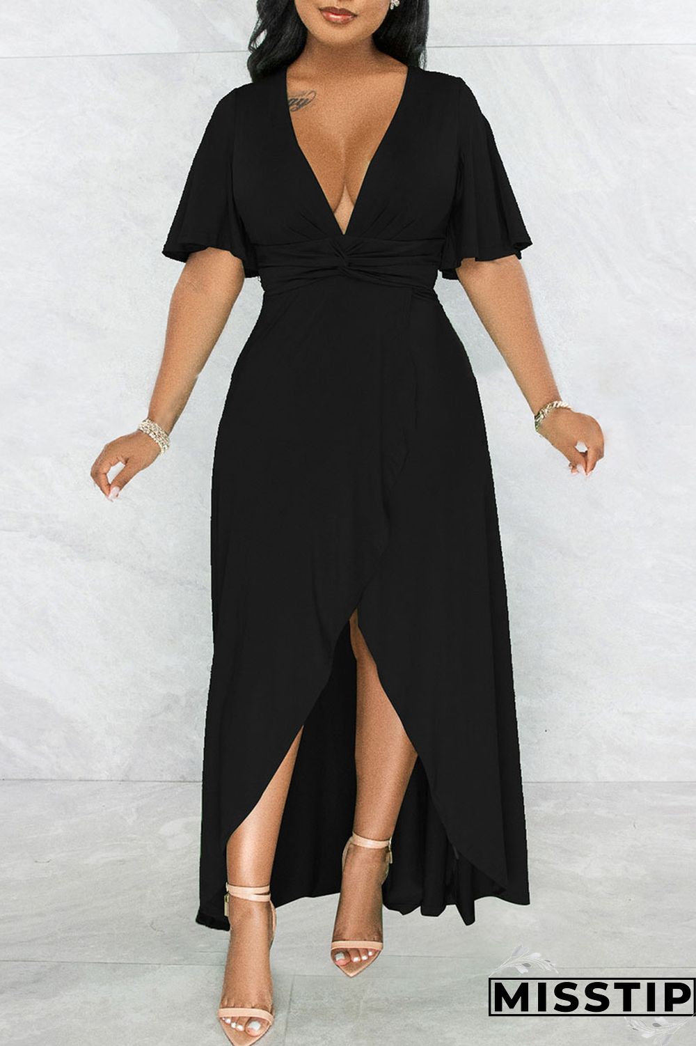 Black Casual Solid Patchwork Asymmetrical V Neck Straight Dresses