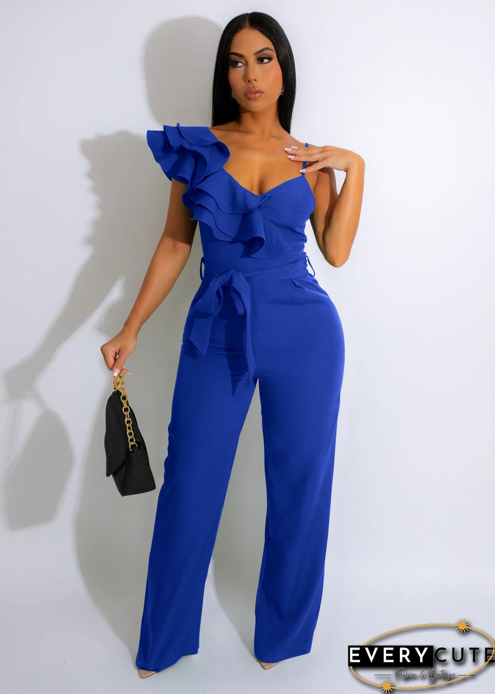 Fashion Ruffled Sleeveless Waist Deep V Loose Jumpsuit