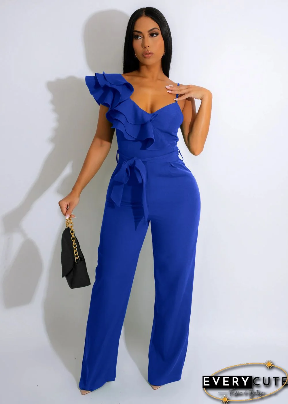 Fashion Ruffled Sleeveless Waist Deep V Loose Jumpsuit