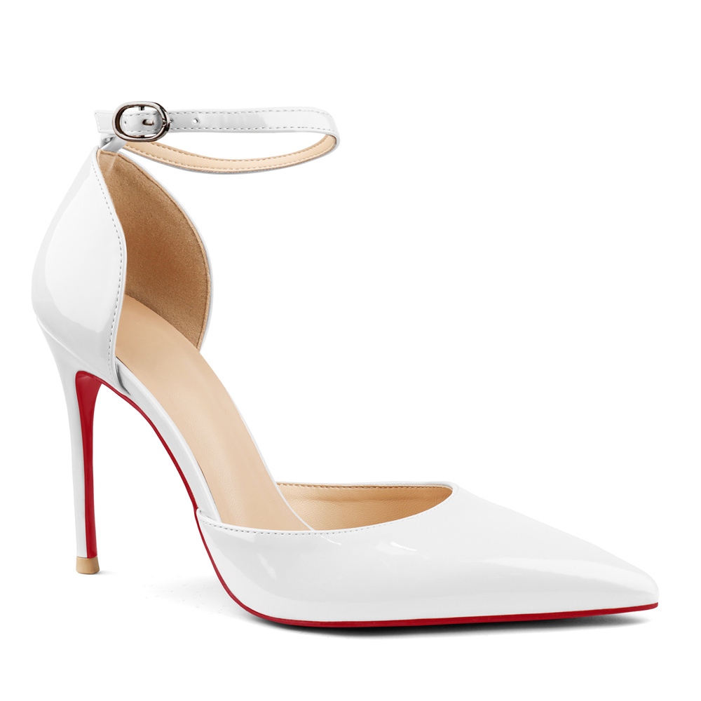 100mm Women's Ankle Strap Pointed Toe Pumps Wedding Party Red Bottoms High Heels Stiletto Shoes-MERUMOTE
