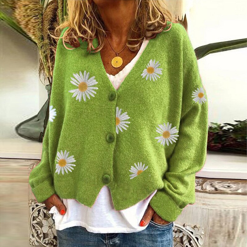 Women Flower Print V Neck Button Knitted Cardigan