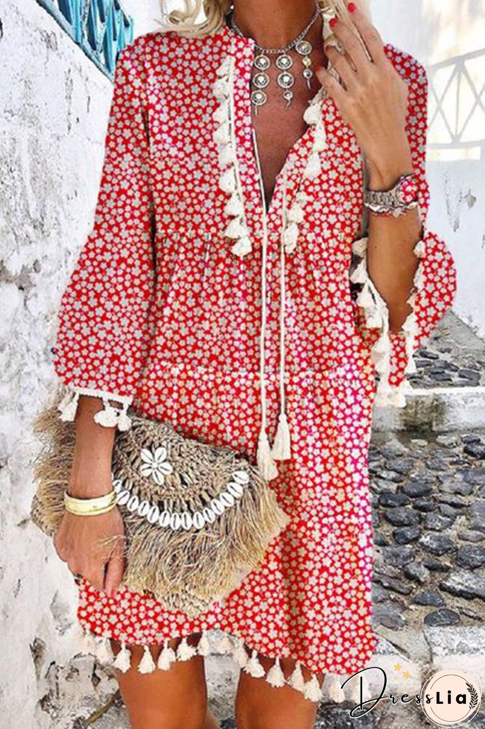 Floral Print V-Neck Tassel Stitching Boho Mini Dress P11956