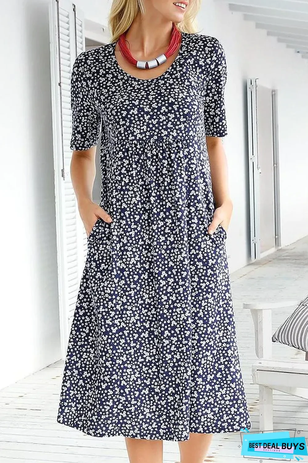 Casual Floral Print Short Sleeves Pockets Midi Dress