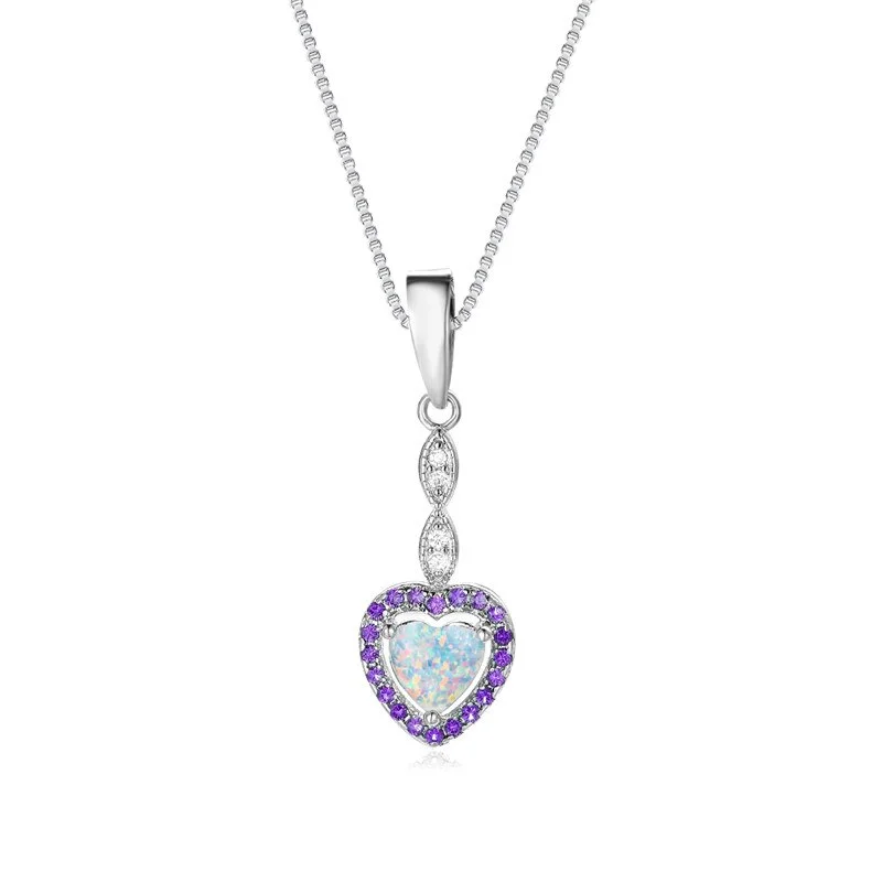 Green White Opal Stone Pendant Necklace Purple Crystal Love Heart Necklace Dainty Silver Color Chain Necklaces For Women