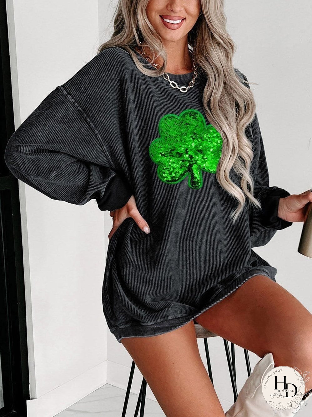 Lucky Clover Embellished Corduroy Sweatshirt