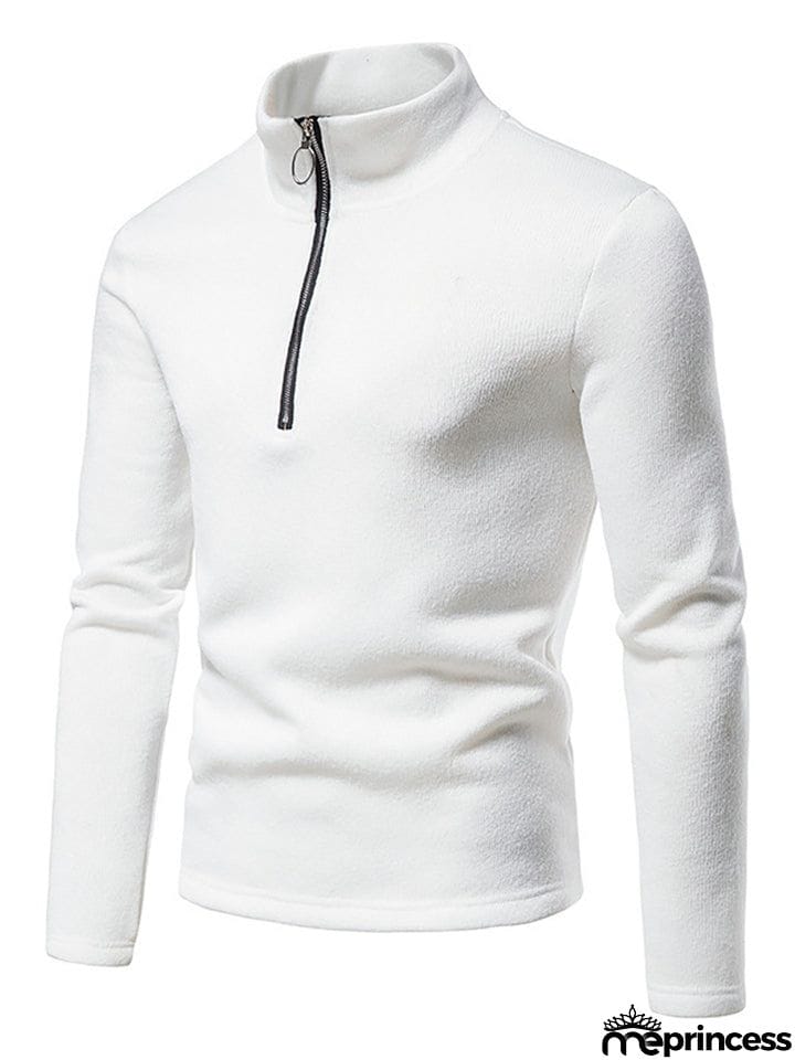 Solid Color High Collar Zip Up Base Tops for Men