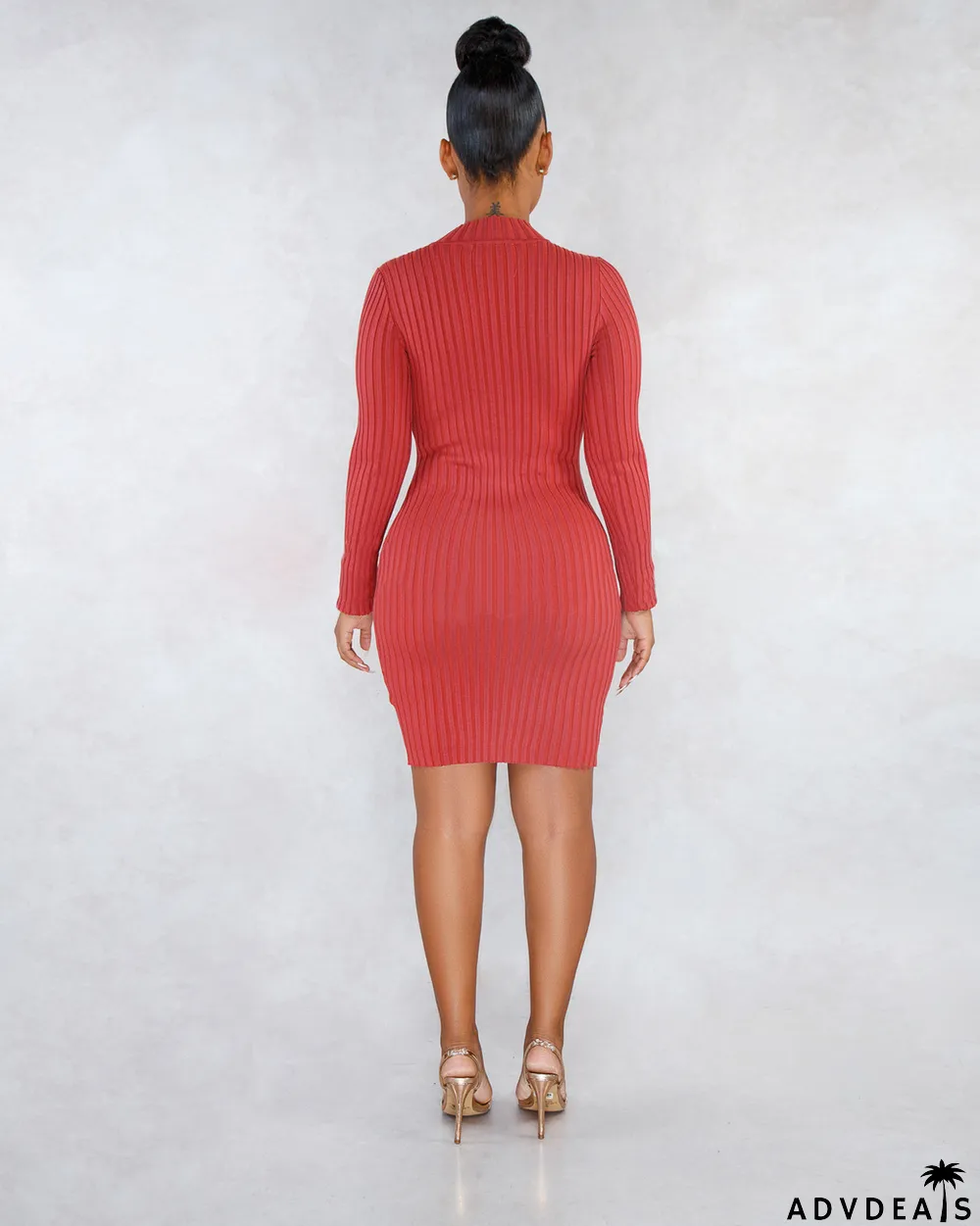 Solid Long Sleeves High Collar Slim Mini Dress