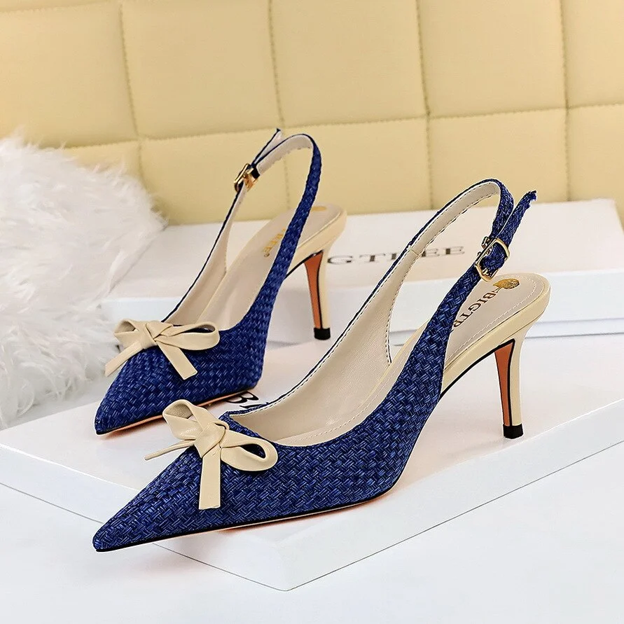 Korean Weaving in Her Pointed-Toe Colorblock Small Bowknot Hollow Back Strap Sandals Women