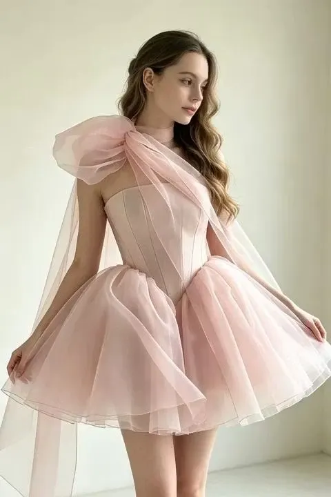 Miabel Blush Pink Sleeveless A-Line Strapless Short Homecoming Dress With Big Bow Cape