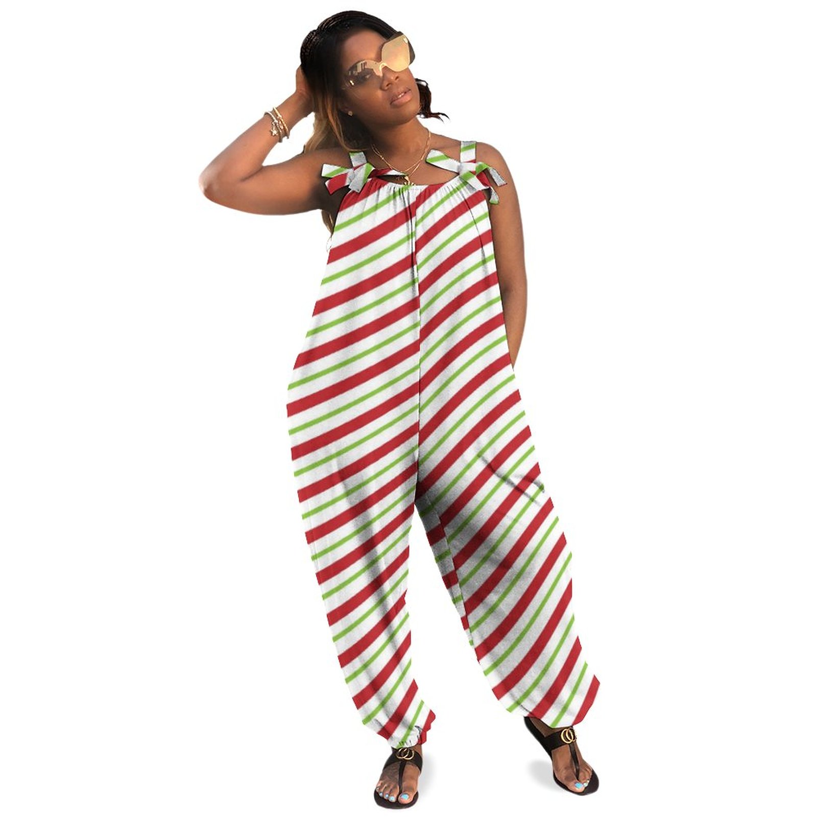 Christmas Candy Green White Stripe Women Loose Harem Jumpsuit Sleeveless Plus Size Spaghetti Strap Overall Jumpsuit Soft Overalls Casual Boho Pockets