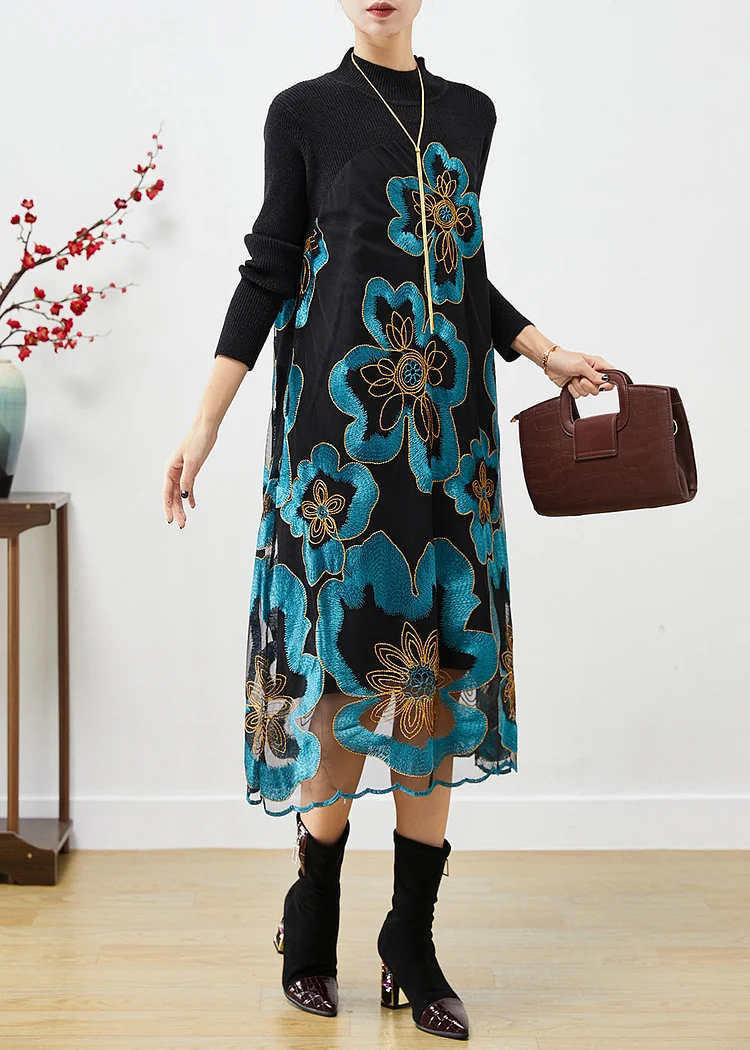 Natural Blue Embroideried Patchwork Knit Dress Fall