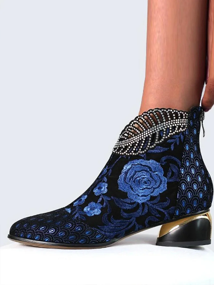 Floral Embroidery Rhinestone Decor Chunky Heeled Boots