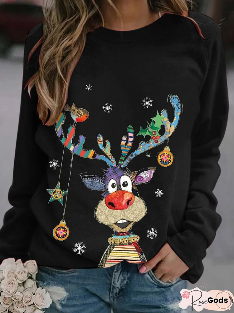 Women Deer Print Christmas Holiday Shift Casual Long Sleeve Sweatshirts