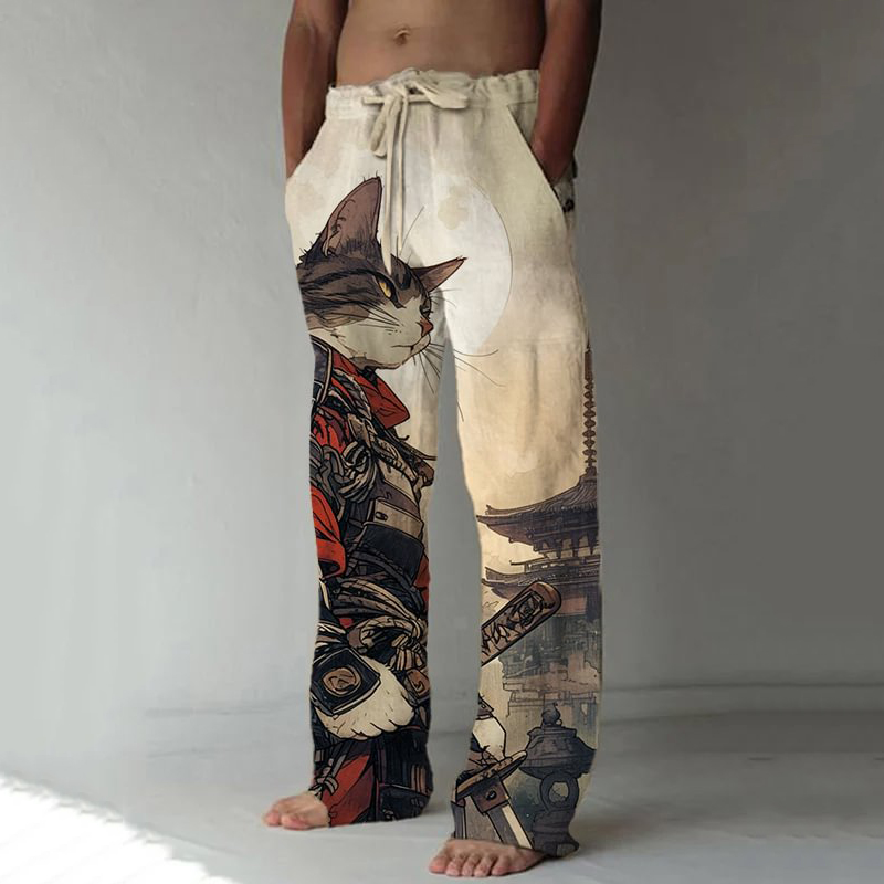 Men's Cat Warrior Guard with Knife Art Print Linen Blend Casual Pants  artssus