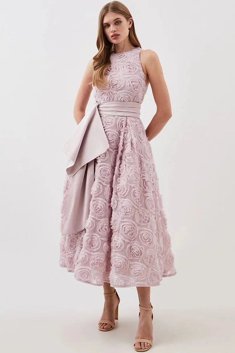 Cocktail Pink 3D Floral Sleeveless Midi Dress