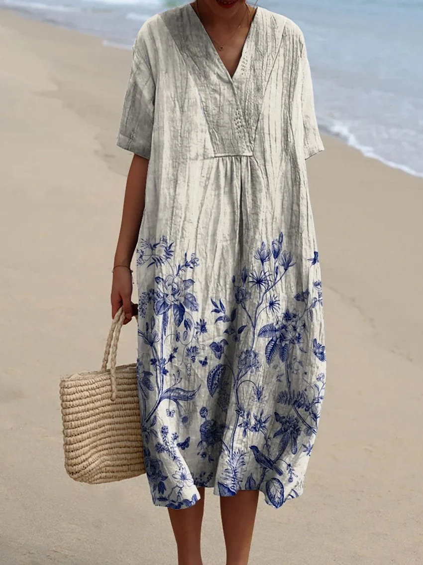 Women's Lue Floral Positioning Print Pocket Linen Dress
