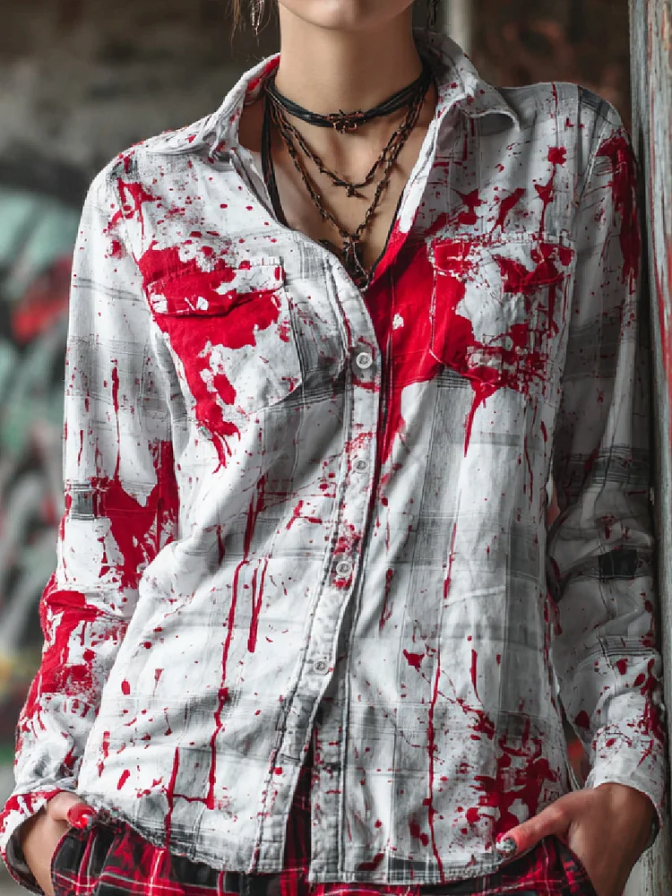Bloodstained Vintage Check Art Long Sleeve Button-Down Shirt