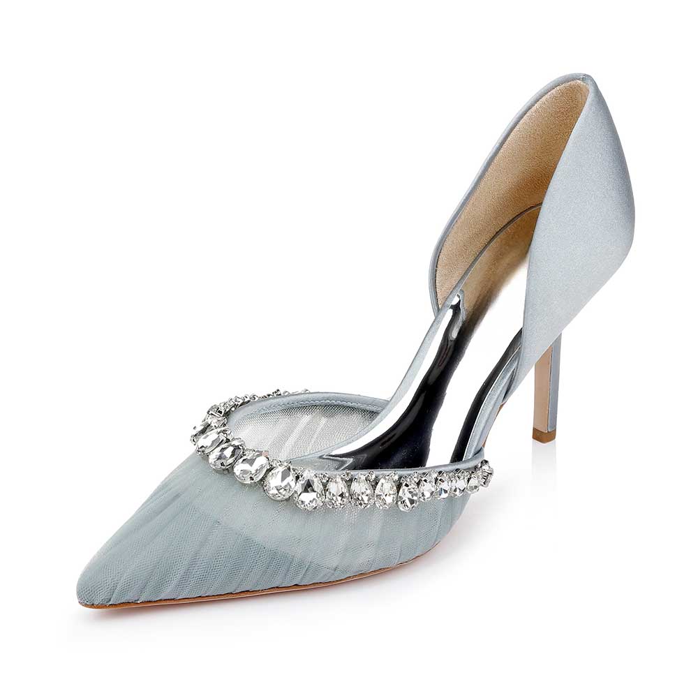 Blue Mesh Satin Pointed Toe Crystal Embellished Pumps for Women Nicepairs