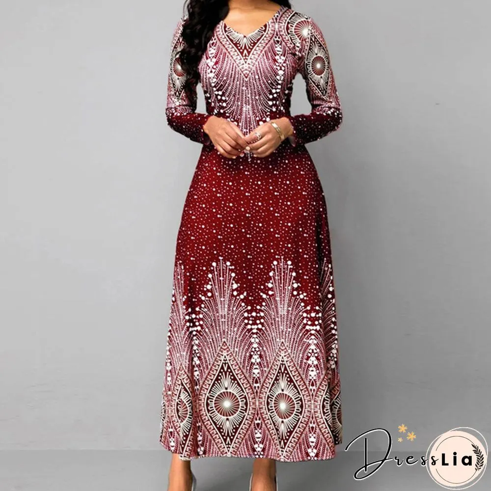 V-neck Retro Print Long-sleeved Dress Spring and Autumn Women's Clothing