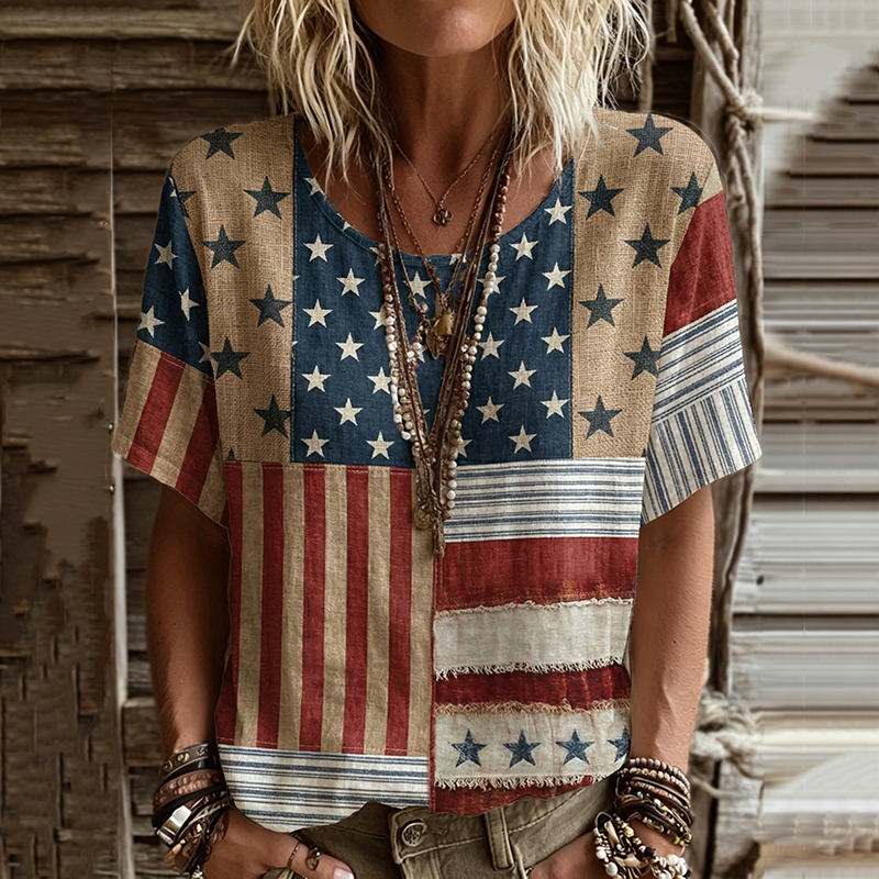  Women's Vintage Independence Day Art Print Linen Blend T-shirt Westsshops