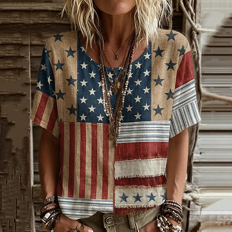 Women's Vintage Independence Day Art Print Linen Blend T-shirt