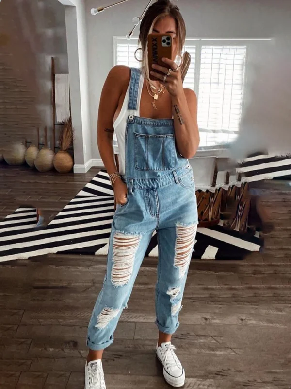 New style casual commuting ripped mid-waist denim jumpsuit Flusfy