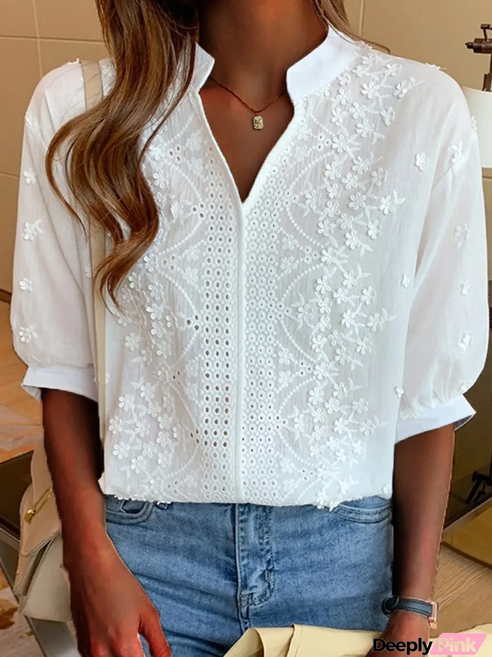 Women's V-neck Three-dimensional Embroidery Lace Shirt