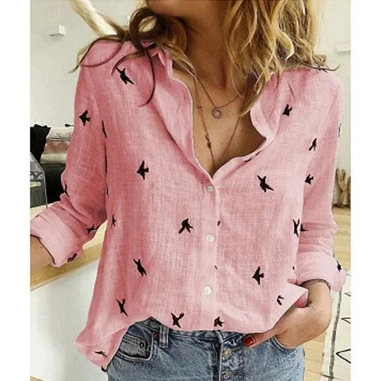 Casual Long Sleeve Birds Print Loose Shirts Women Cotton and Linen Blouses and Tops