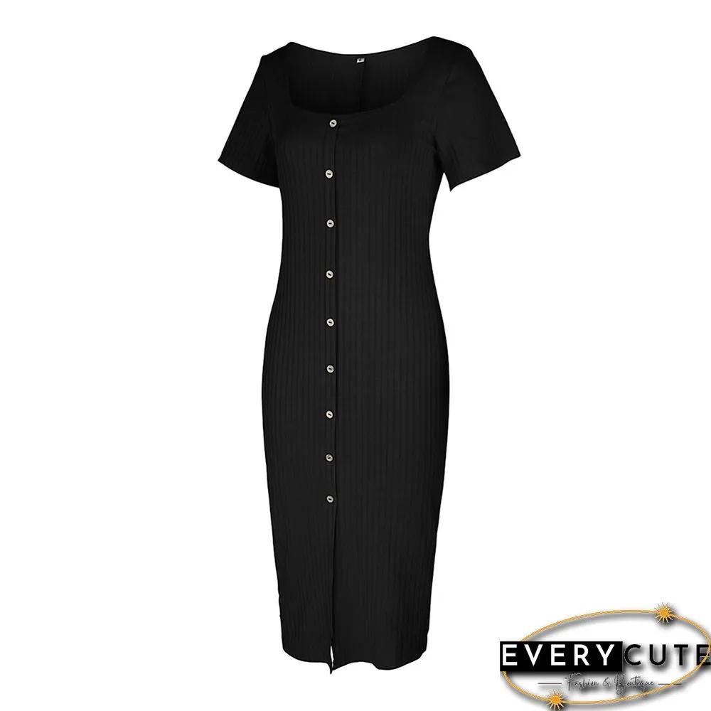 Black Rib Button Split Bodycon Dress
