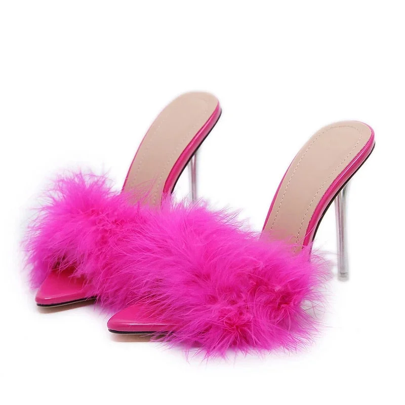 Comemore Sandals Elegant Woman Sneakers Slippers Transparent High Heels Fur Stiletto Pink Mules Evening Party Women Shoes 2022