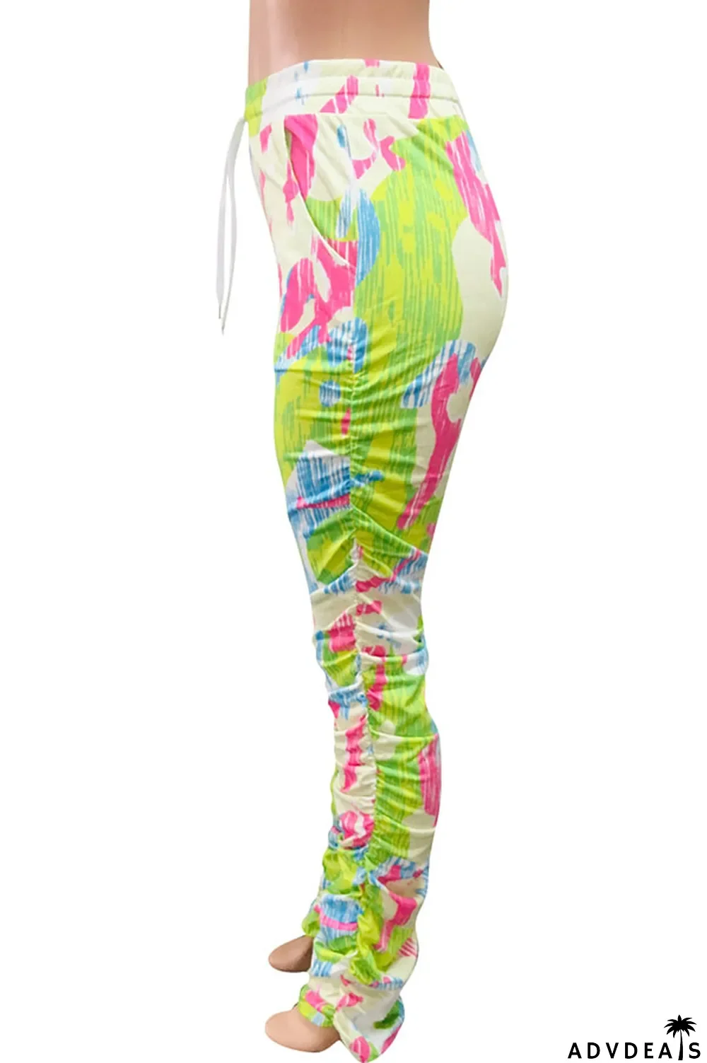 Green colour Polyester Drawstring Sleeveless High Patchwork Print bandage Draped pencil Pants Bottoms