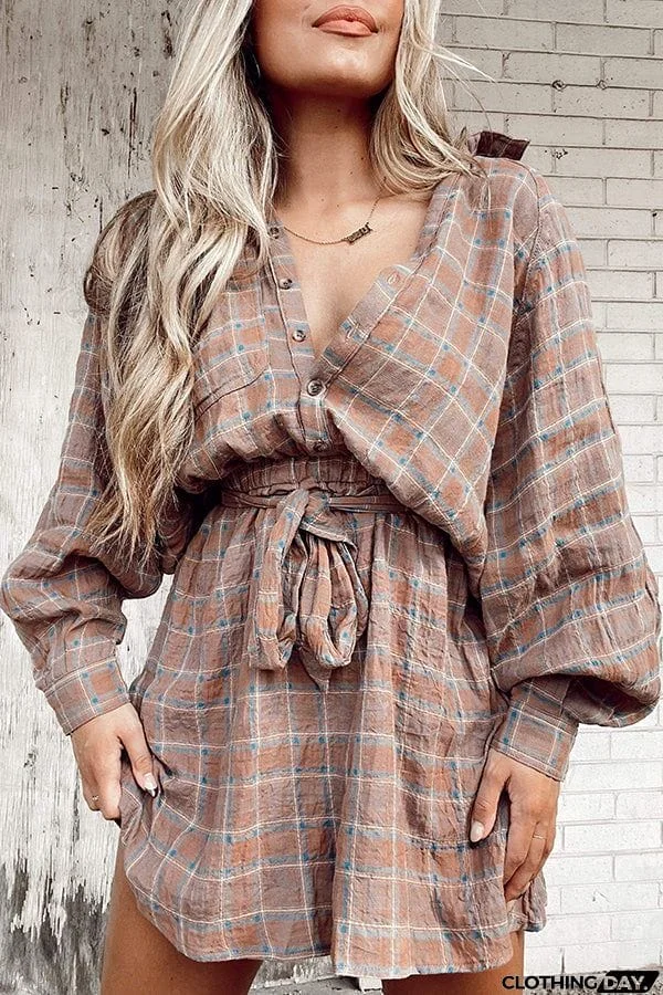 Long Sleeveless Lapel Lace-up Plaid Casual Dress